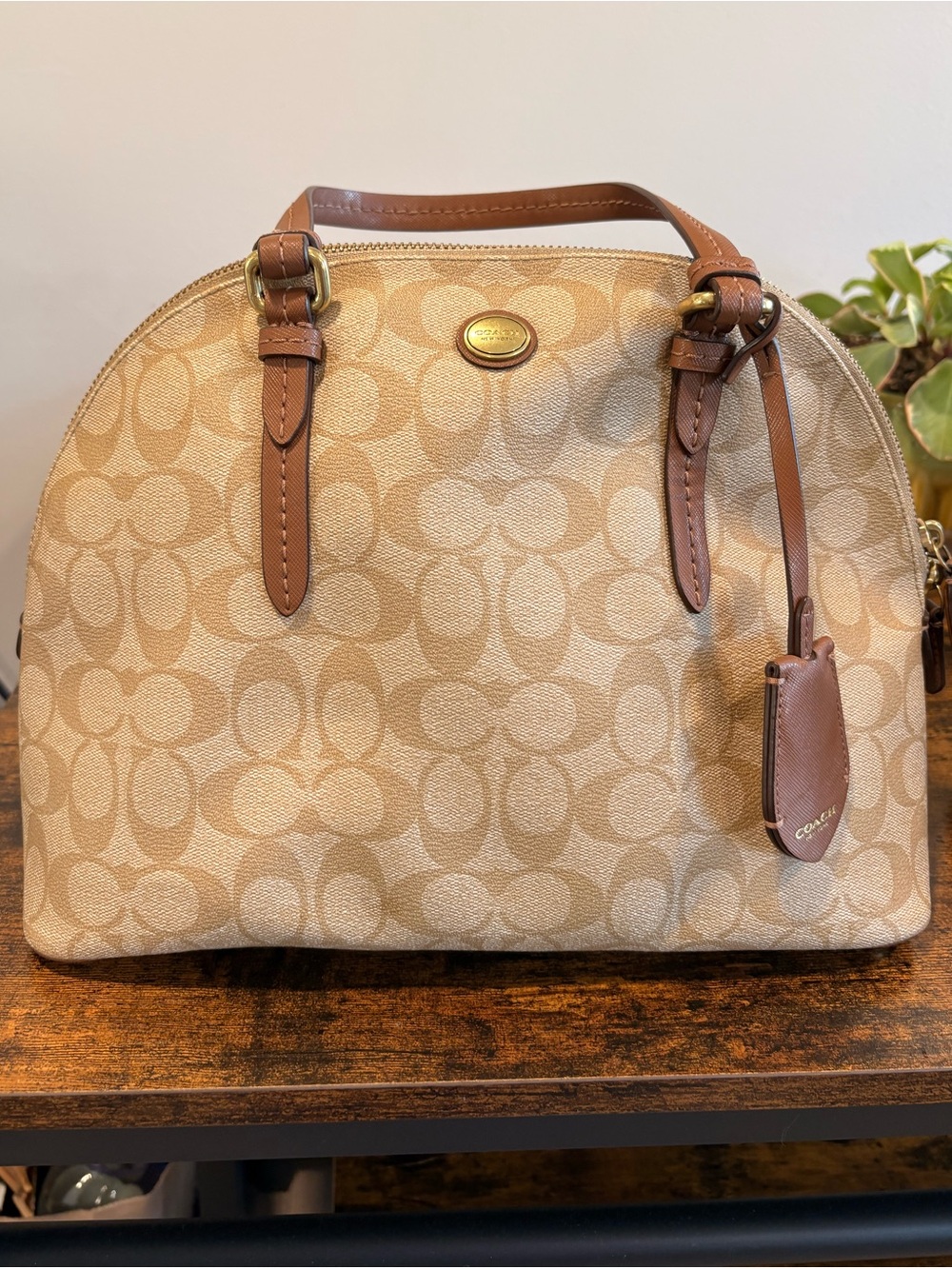 Coach Signature Dome Satchel in Beige and Tan Leather Trim